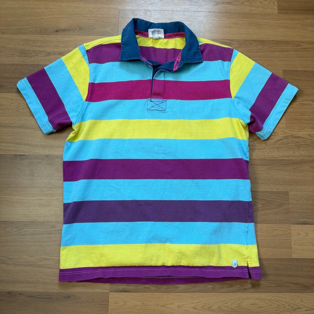 Men's Kid Robot Blue Yellow Purple Striped Heavyweight Polo Shirt Sz Large Y2k